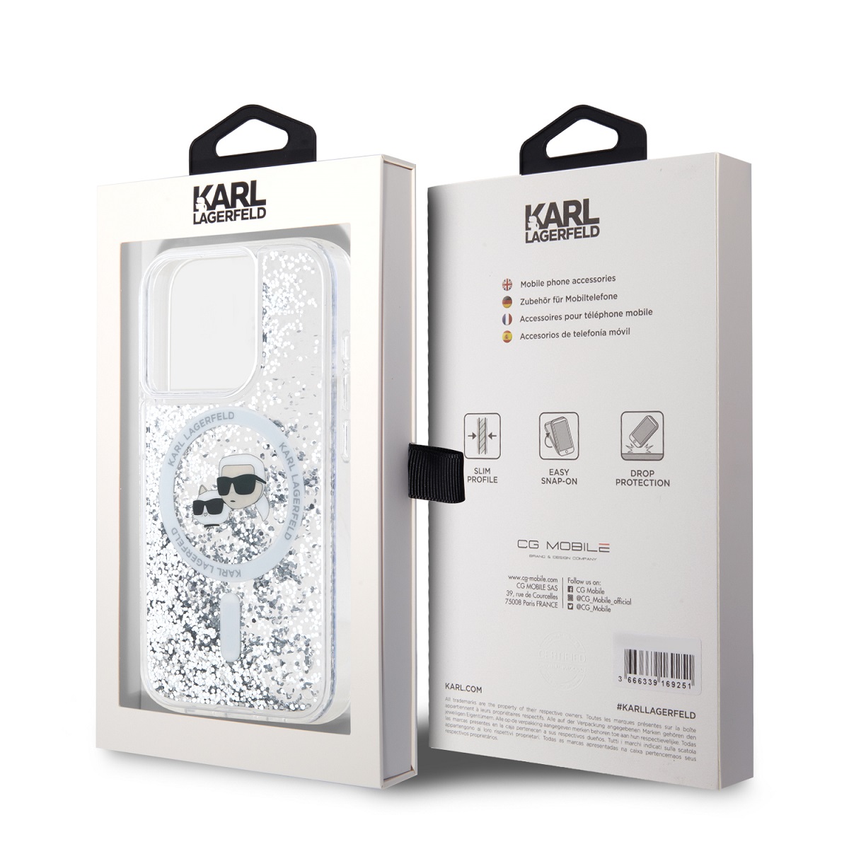 Karl Lagerfeld Liquid Glitter Karl and Choupette Heads MagSafe Zadní Kryt pro iPhone 15 Pro Transparent