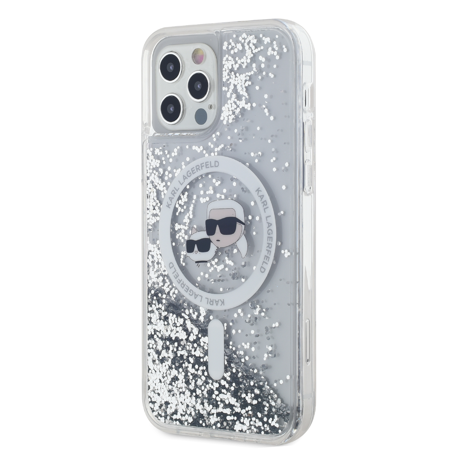 Karl Lagerfeld Liquid Glitter Karl and Choupette Heads MagSafe Zadní Kryt pro iPhone 12/12 Pro Transparent