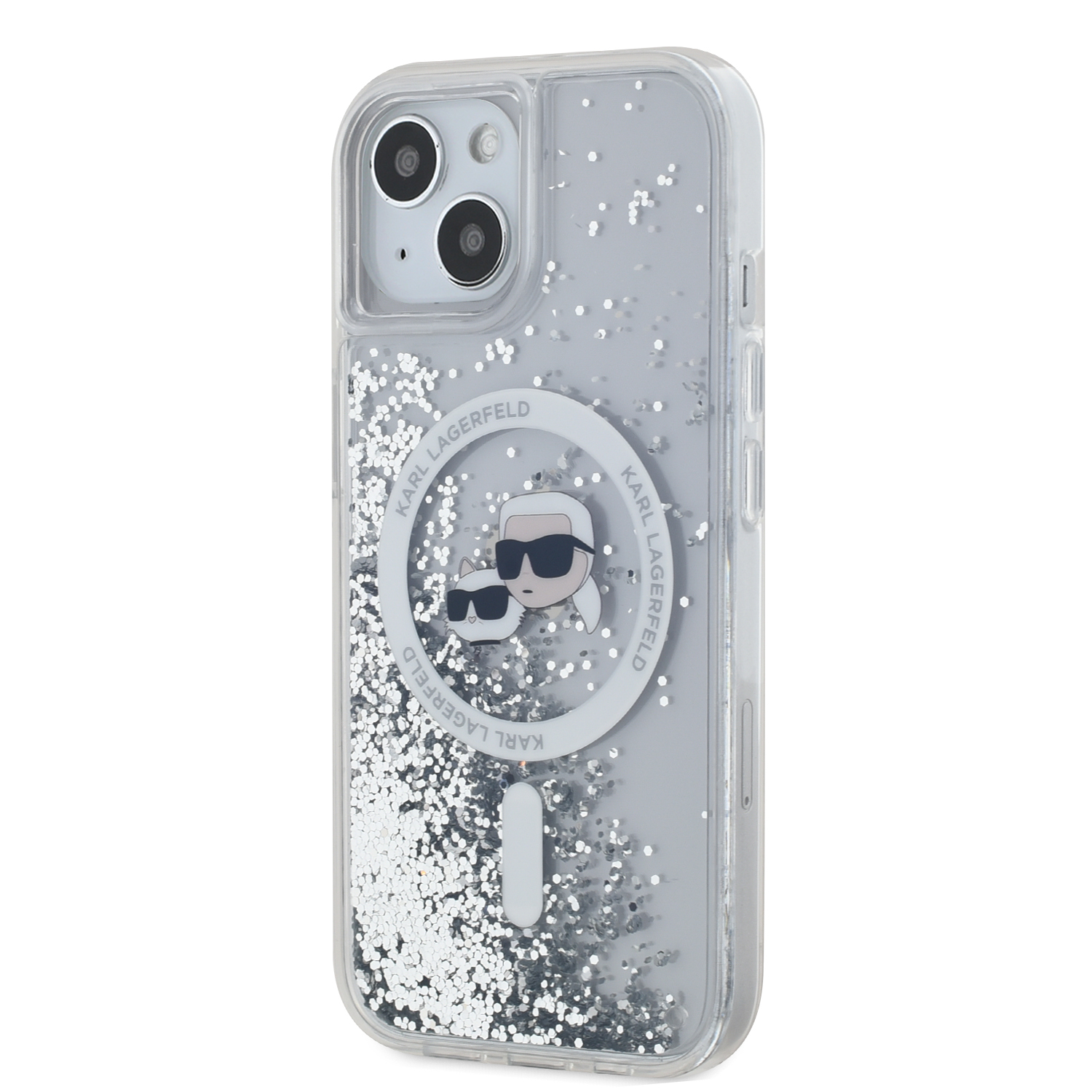 Karl Lagerfeld Liquid Glitter Karl and Choupette Heads MagSafe Zadní Kryt pro iPhone 15 Transparent