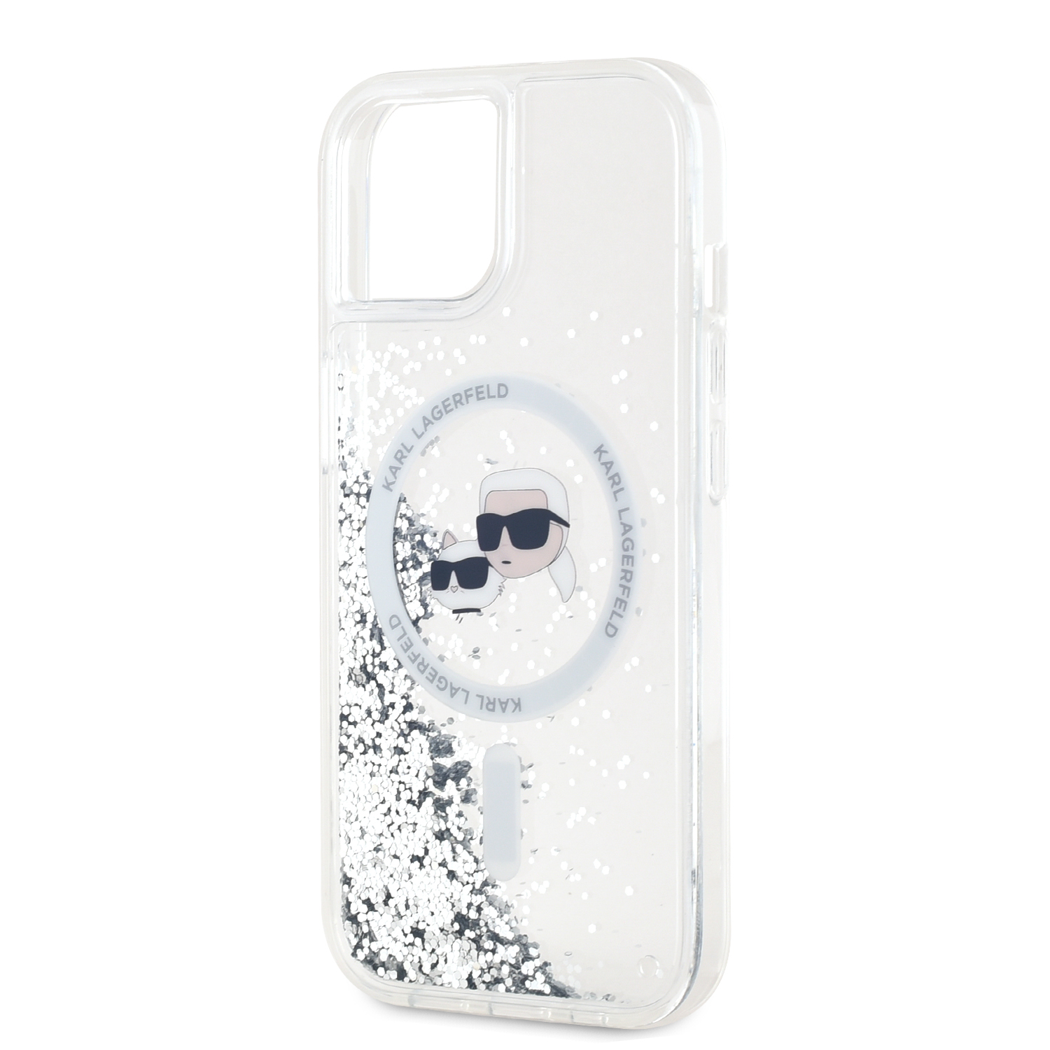 Karl Lagerfeld Liquid Glitter Karl and Choupette Heads MagSafe Zadní Kryt pro iPhone 15 Transparent