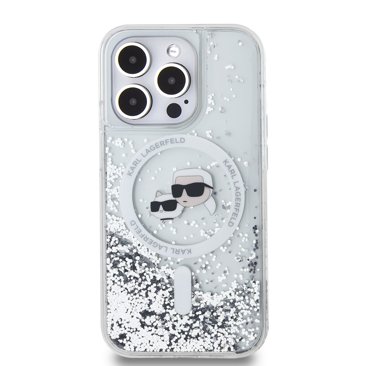 Karl Lagerfeld Liquid Glitter Karl and Choupette Heads MagSafe Zadní Kryt pro iPhone 14 Pro Max Transparent