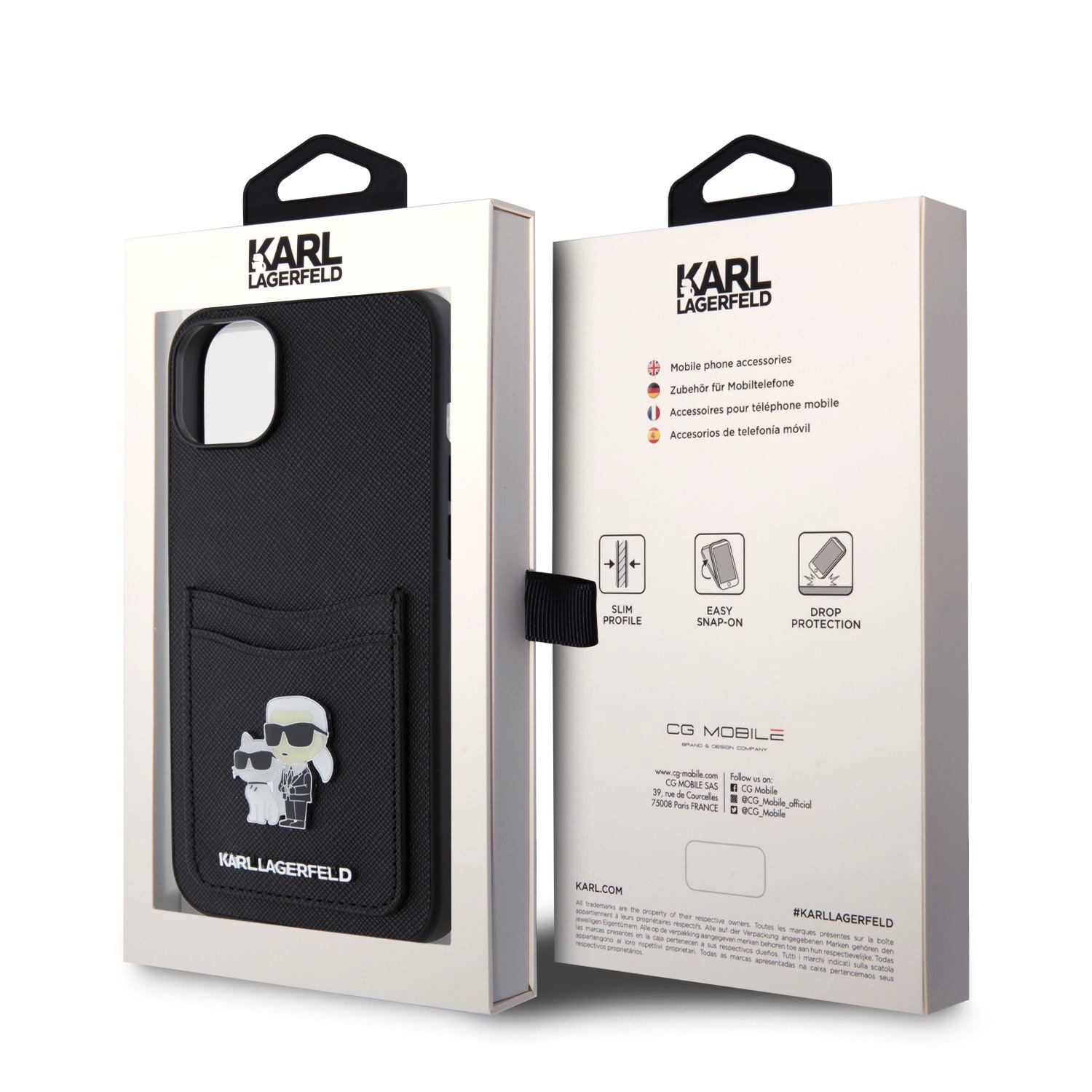 Karl Lagerfeld PU Saffiano Card Slot Metal Karl and Choupette Zadní Kryt pro iPhone 15 Black