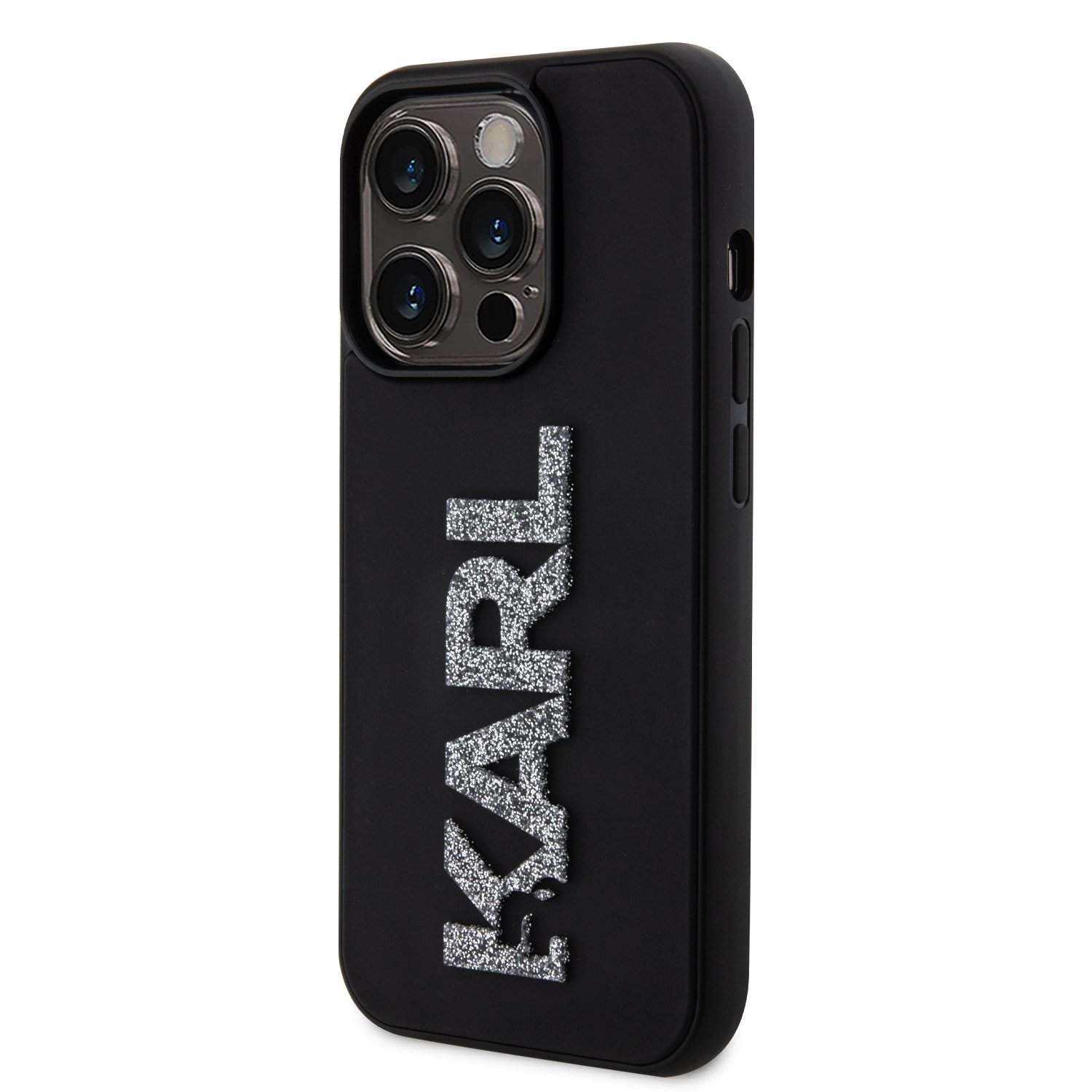 Karl Lagerfeld 3D Rubber Glitter Logo Karl Zadní Kryt pro iPhone 15 Pro Black