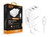 Chytrá síťová nabíječka ALIGATOR, Power Delivery 40W, 2xUSB-C, USB-C/Lightning kabel, bílá