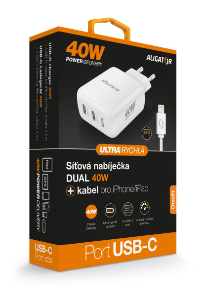 Chytrá síťová nabíječka ALIGATOR, Power Delivery 40W, 2xUSB-C, USB-C/Lightning kabel, bílá