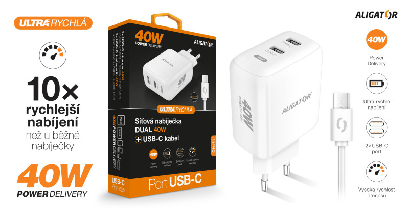 Chytrá síťová nabíječka ALIGATOR, Power Delivery 40W, 2xUSB-C, USB-C/USB-C kabel, bílá