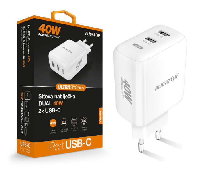 Aligator chytrý síťový adaptér, Power Delivery 40W, 2xUSB-C, bílá