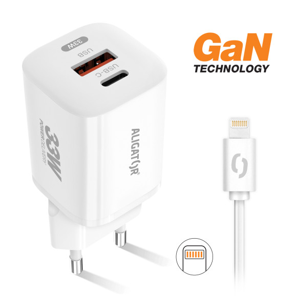 Aligator chytrý síťový adaptér GaN, Power Delivery 33W, USB-C/Lightning kabel, bílá