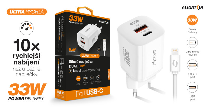 Aligator chytrý síťový adaptér GaN, Power Delivery 33W, USB-C/Lightning kabel, bílá