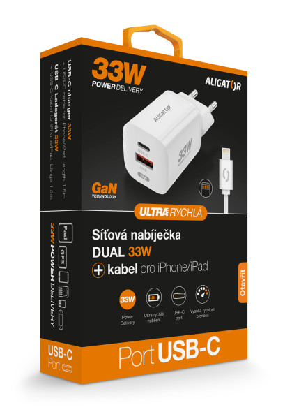 Aligator chytrý síťový adaptér GaN, Power Delivery 33W, USB-C/Lightning kabel, bílá