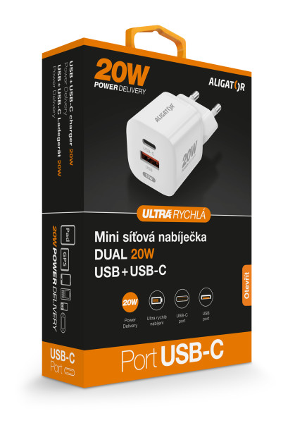 Aligator Mini chytrý síťový adaptér Power Delivery 20W USB + USB-C, bílá