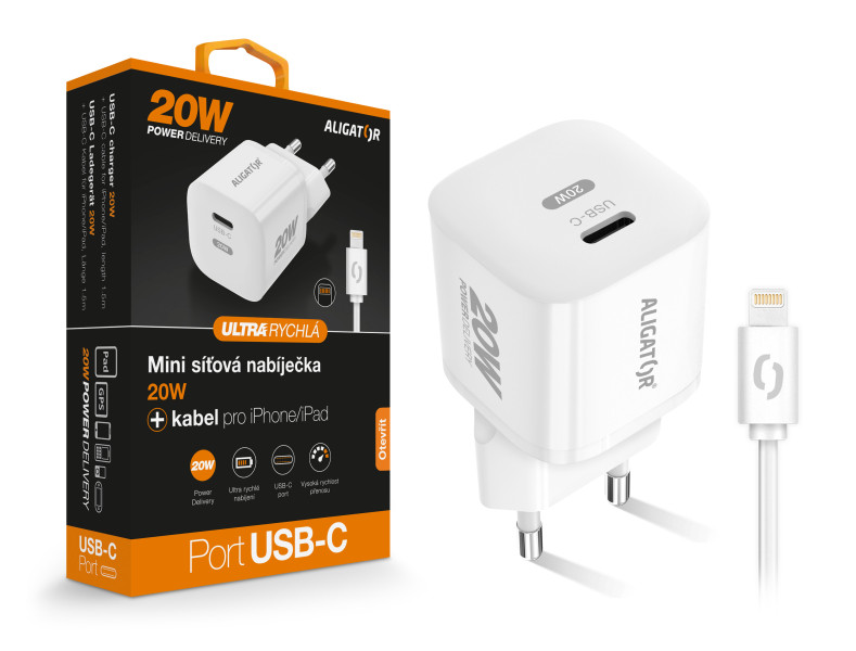 Aligator Mini chytrý síťový adaptér, Power Delivery 20W, USB-C/Lightning kabel, bílá