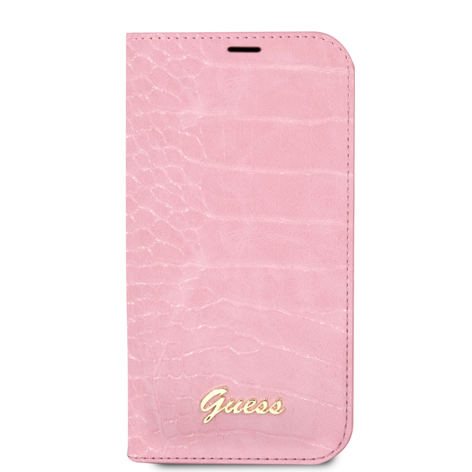 Guess PU Croco with Metal Camera Outline Book Pouzdro pro iPhone 14 Plus Pink