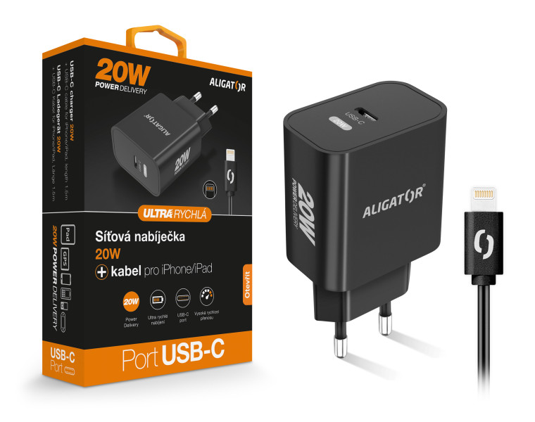 Aligator PD 20W rychlá nabíječka USB-C s kabelem USB-C/Lightning černá