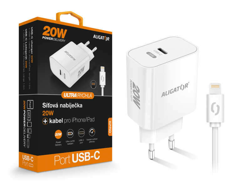 Aligator PD 20W rychlá nabíječka USB-C s kabelem USB-C/Lightning bílá