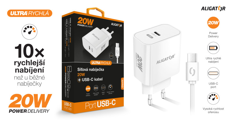 Aligator Power Delivery 20W chytrá síťová nabíječka USB-C, USB-C/USB-C kabel, bílá