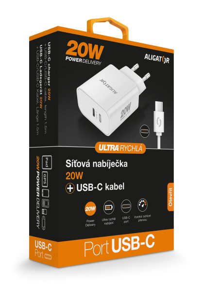 Aligator Power Delivery 20W chytrá síťová nabíječka USB-C, USB-C/USB-C kabel, bílá