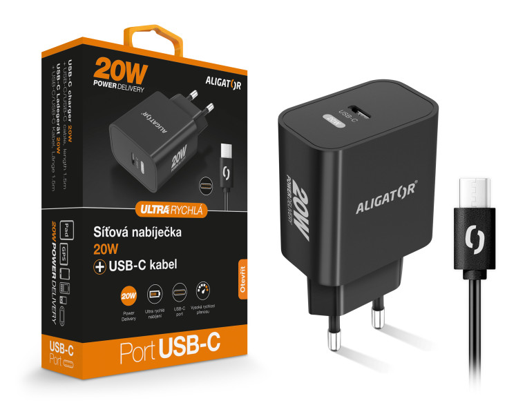 Aligator Power Delivery 20W chytrá síťová nabíječka USB-C, USB-C/USB-C kabel, černá