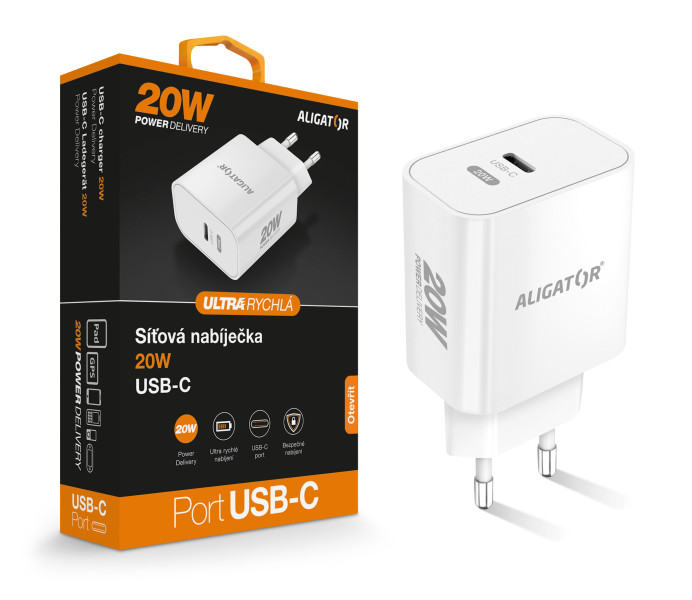 Aligator Power Delivery 20W chytrá síťová nabíječka USB-C bílá