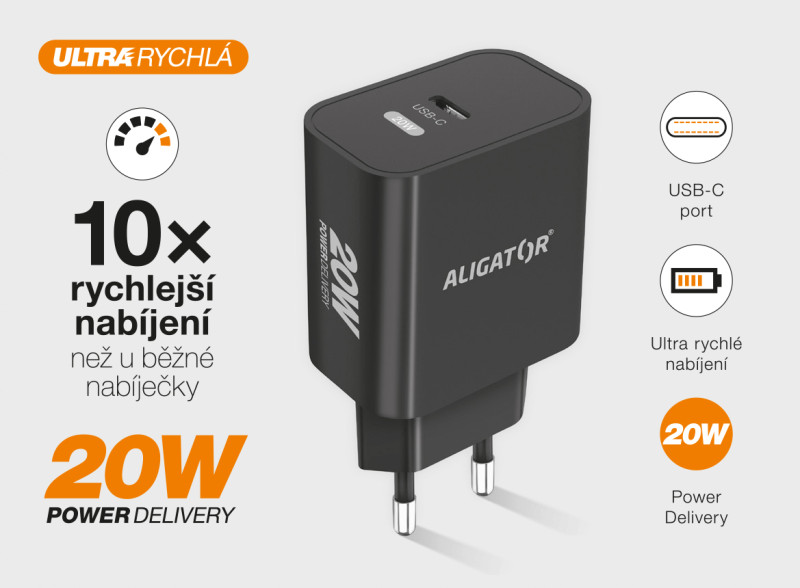 Chytrá síťová nabíječka ALIGATOR Power Delivery 20W USB-C, černá