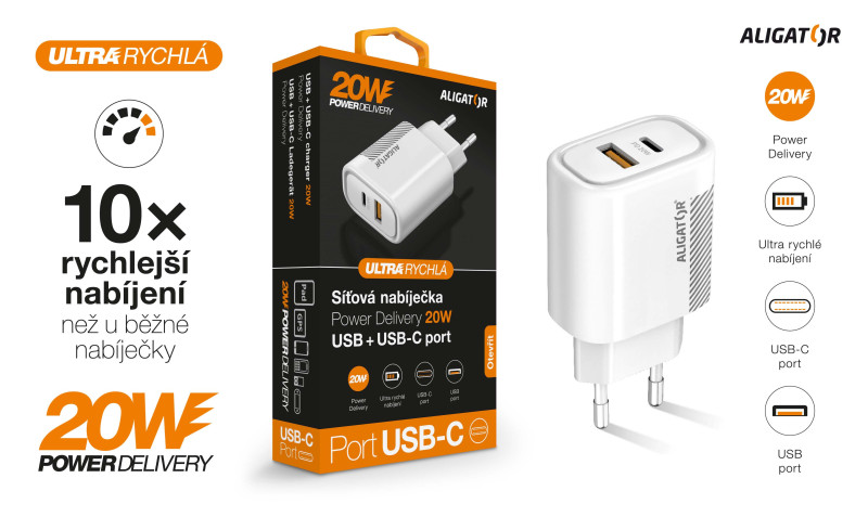 Aligator Power Delivery 20W chytrá síťová nabíječka USB-C + USB, bílá