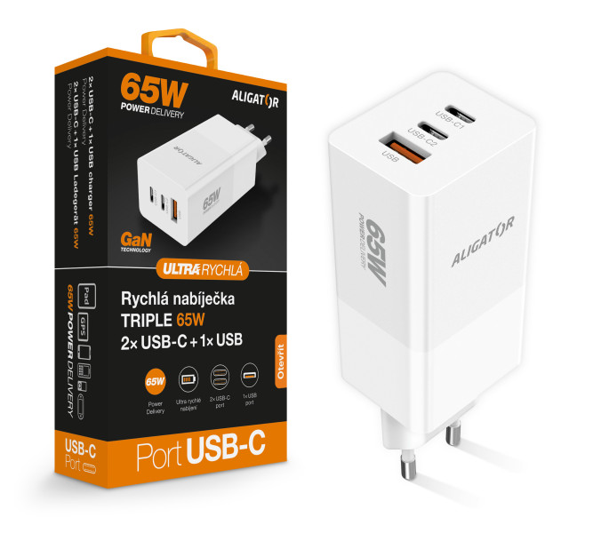 Aligator GaN, Power Delivery 65W, 2xUSB-C, 1xUSB-A, bílá