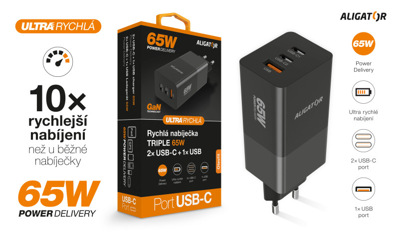 Aligator GaN, Power Delivery 65W, 2xUSB-C, 1xUSB-A, černá