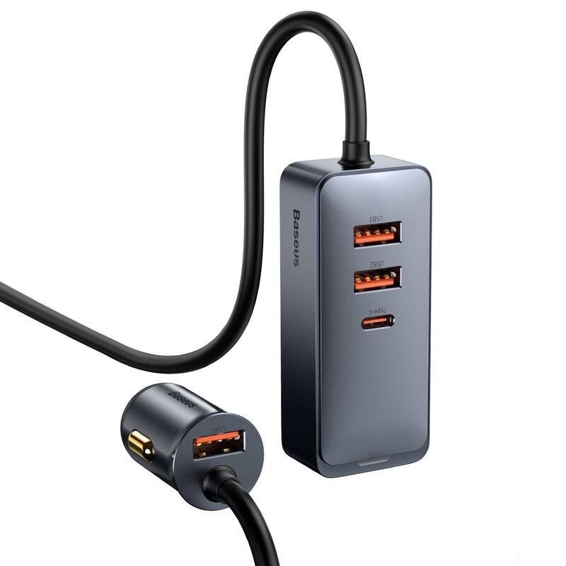 Rychlonabíječka do auta Baseus CCBT-B0G 3xUSB/1xUSB-C120W s prodlužovacím kabelem 1,5m šedá