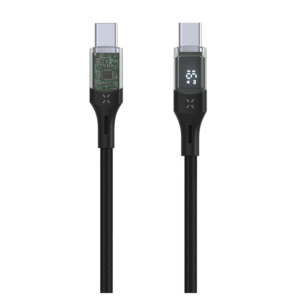 Nabíjecí a datový kabel FIXED s displejem s konektory USB-C/USB-C a podporou PD, 2m, USB 2.0, 100W, černá