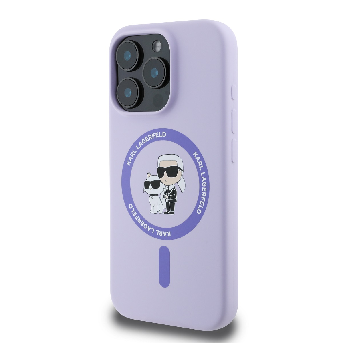 Karl Lagerfeld Liquid Silicone Karl and Choupette MagSafe Zadní Kryt pro iPhone 16 Pro Max Purple