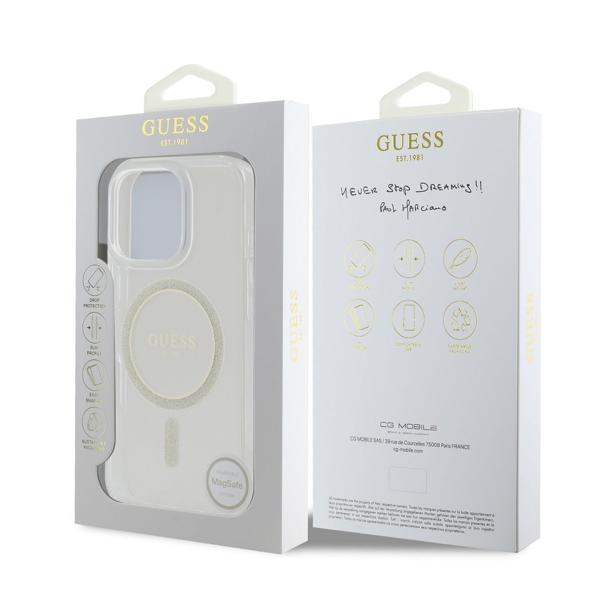 Guess IML Glitter Ring MagSafe Zadní Kryt pro iPhone 16 Pro Max Transparent