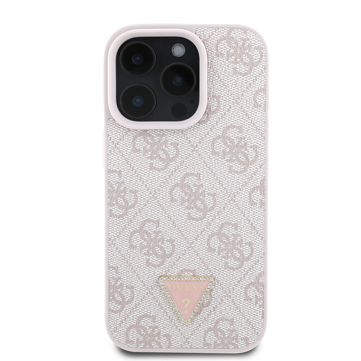 Guess PU 4G Strass Triangle Metal Logo Zadní Kryt pro iPhone 16 Pro Max Pink