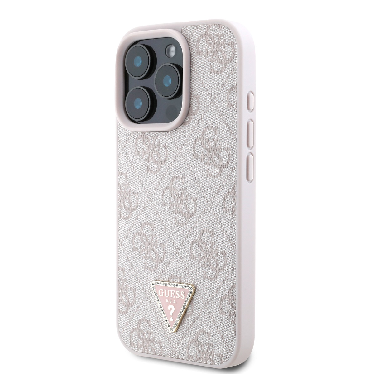 Guess PU 4G Strass Triangle Metal Logo Zadní Kryt pro iPhone 16 Pro Max Pink