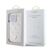 Guess PU 4G Strass Triangle Metal Logo Zadní Kryt pro iPhone 16 Pro Pink