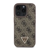 Guess PU 4G Strass Triangle Metal Logo Zadní Kryt pro iPhone 16 Pro Max Brown