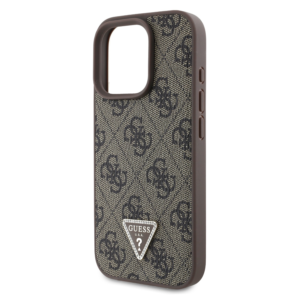 Guess PU 4G Strass Triangle Metal Logo Zadní Kryt pro iPhone 16 Pro Max Brown