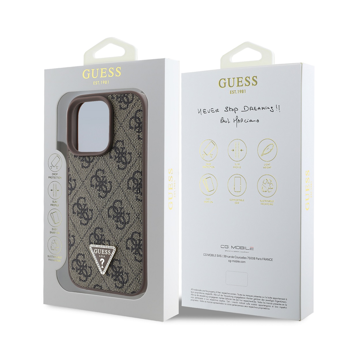 Guess PU 4G Strass Triangle Metal Logo Zadní Kryt pro iPhone 16 Pro Brown