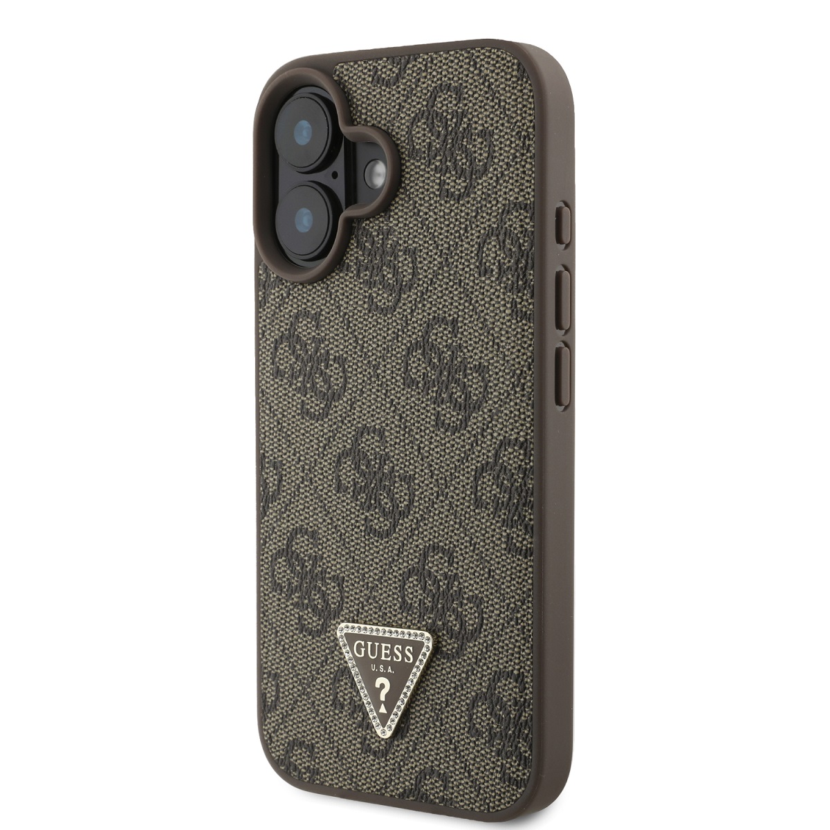 Guess PU 4G Strass Triangle Metal Logo Zadní Kryt pro iPhone 16 Brown