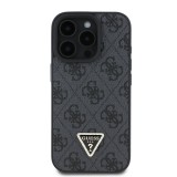 Guess PU 4G Strass Triangle Metal Logo Zadní Kryt pro iPhone 16 Pro Black