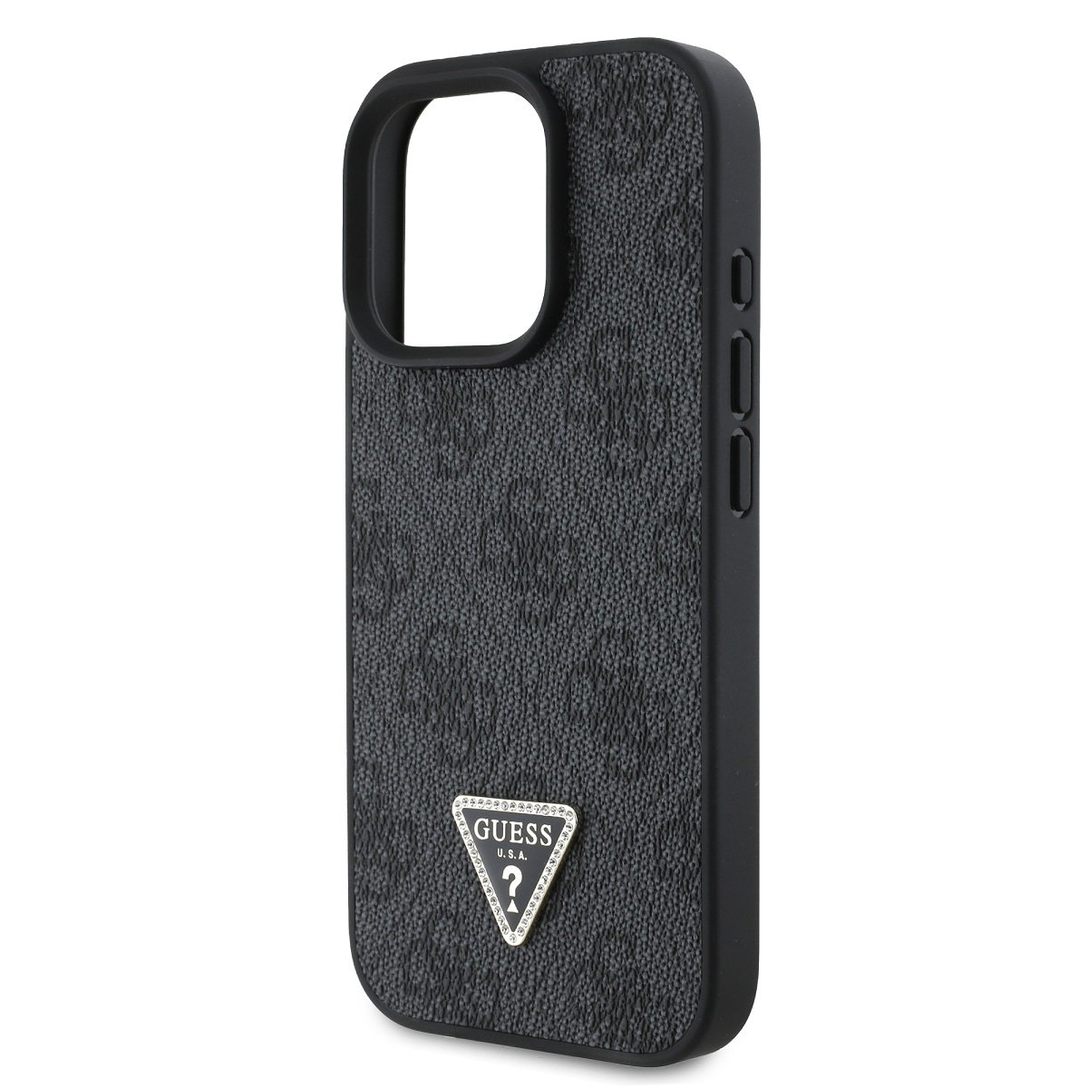 Guess PU 4G Strass Triangle Metal Logo Zadní Kryt pro iPhone 16 Pro Black