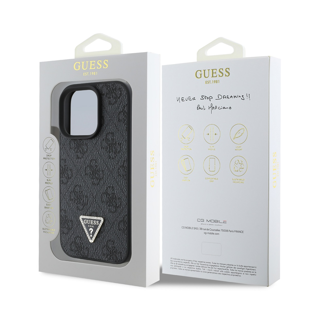 Guess PU 4G Strass Triangle Metal Logo Zadní Kryt pro iPhone 16 Pro Black