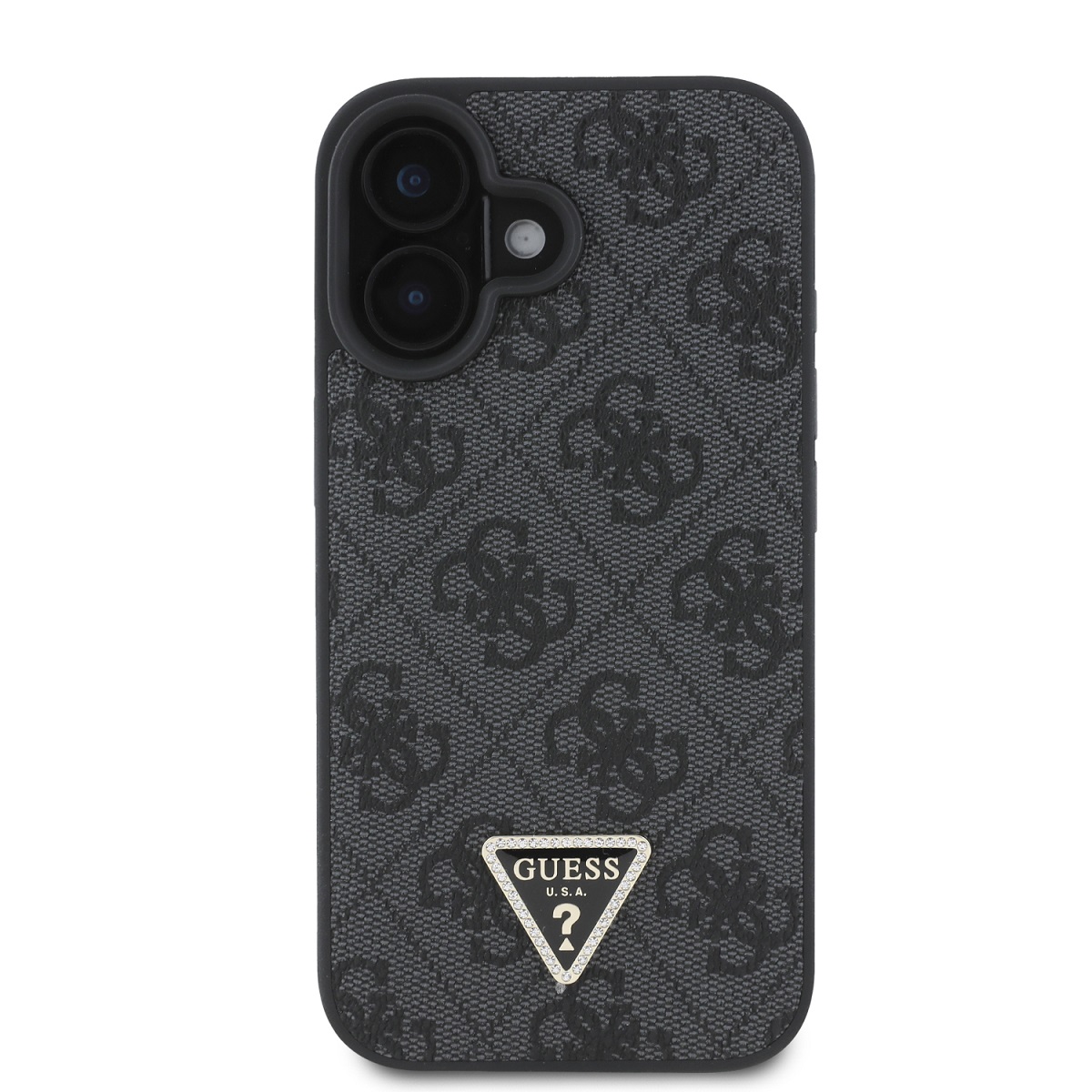 Guess PU 4G Strass Triangle Metal Logo Zadní Kryt pro iPhone 16 Black