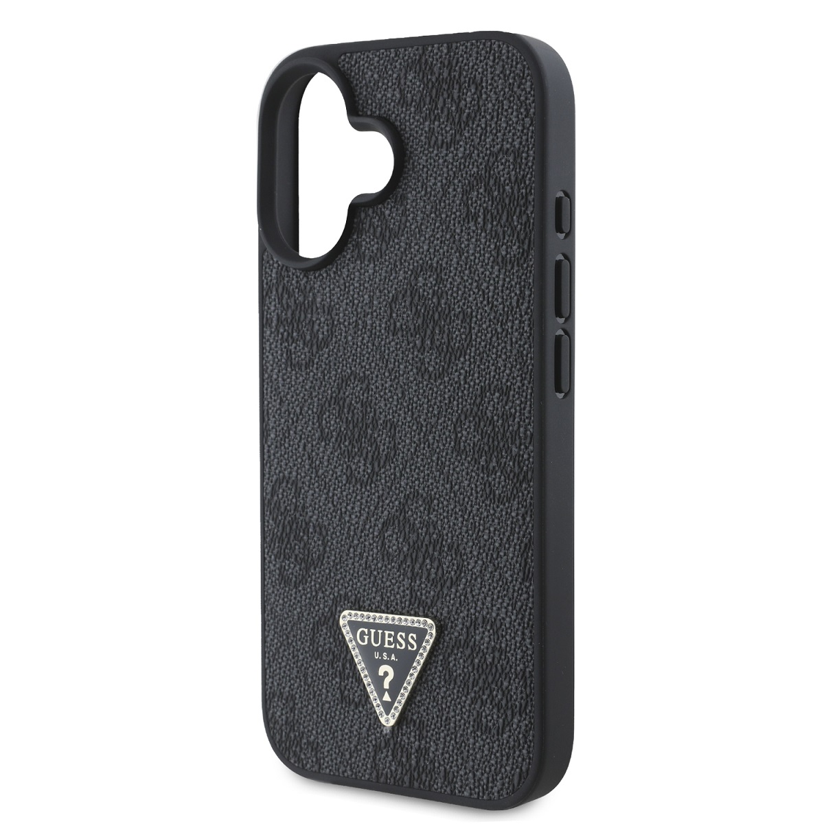 Guess PU 4G Strass Triangle Metal Logo Zadní Kryt pro iPhone 16 Black