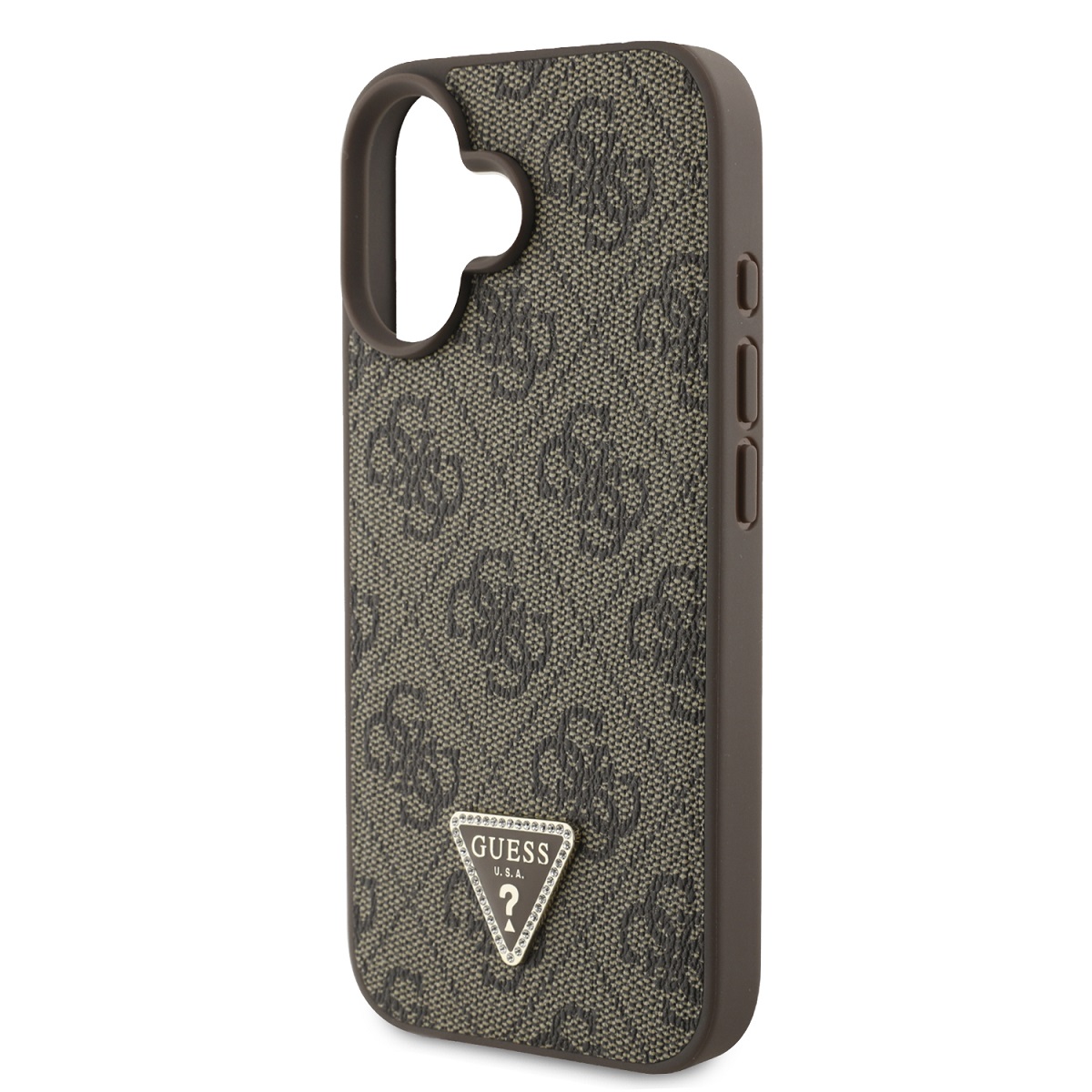 Guess PU 4G Strass Triangle Metal Logo Zadní Kryt + Crossbody Popruh pro iPhone 16 Brown