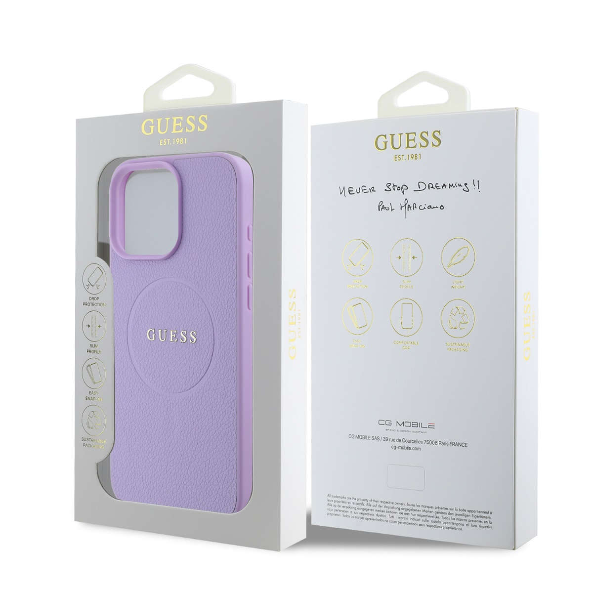 Guess PU Grained Classic Logo MagSafe Zadní Kryt pro iPhone 16 Pro Max Purple