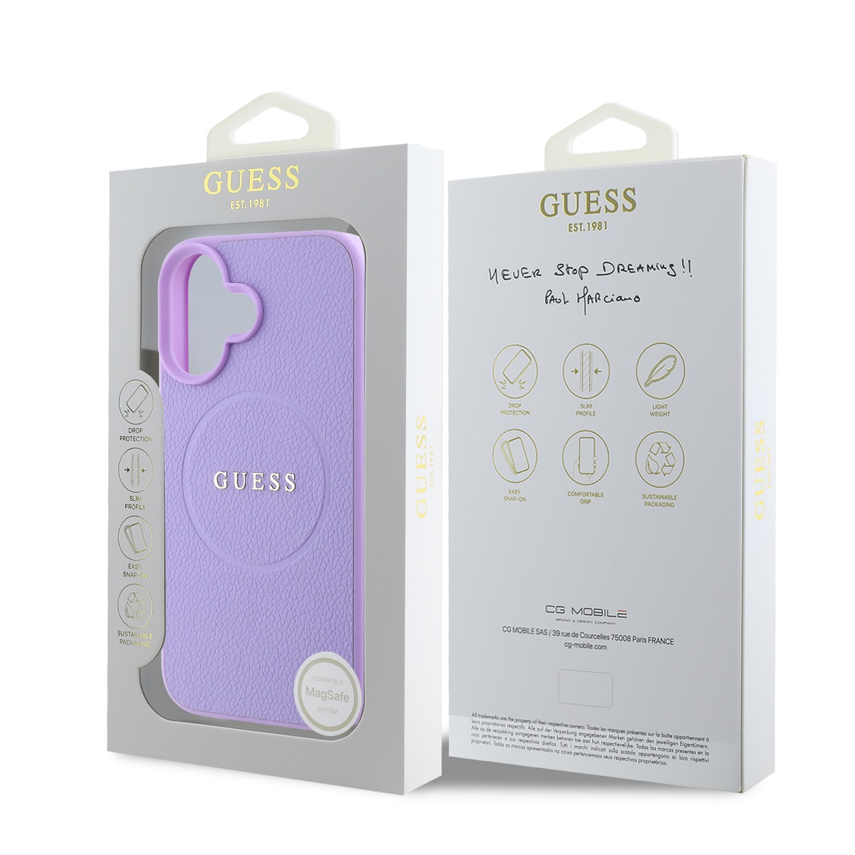 Guess PU Grained Classic Logo MagSafe Zadní Kryt pro iPhone 16 Plus Purple