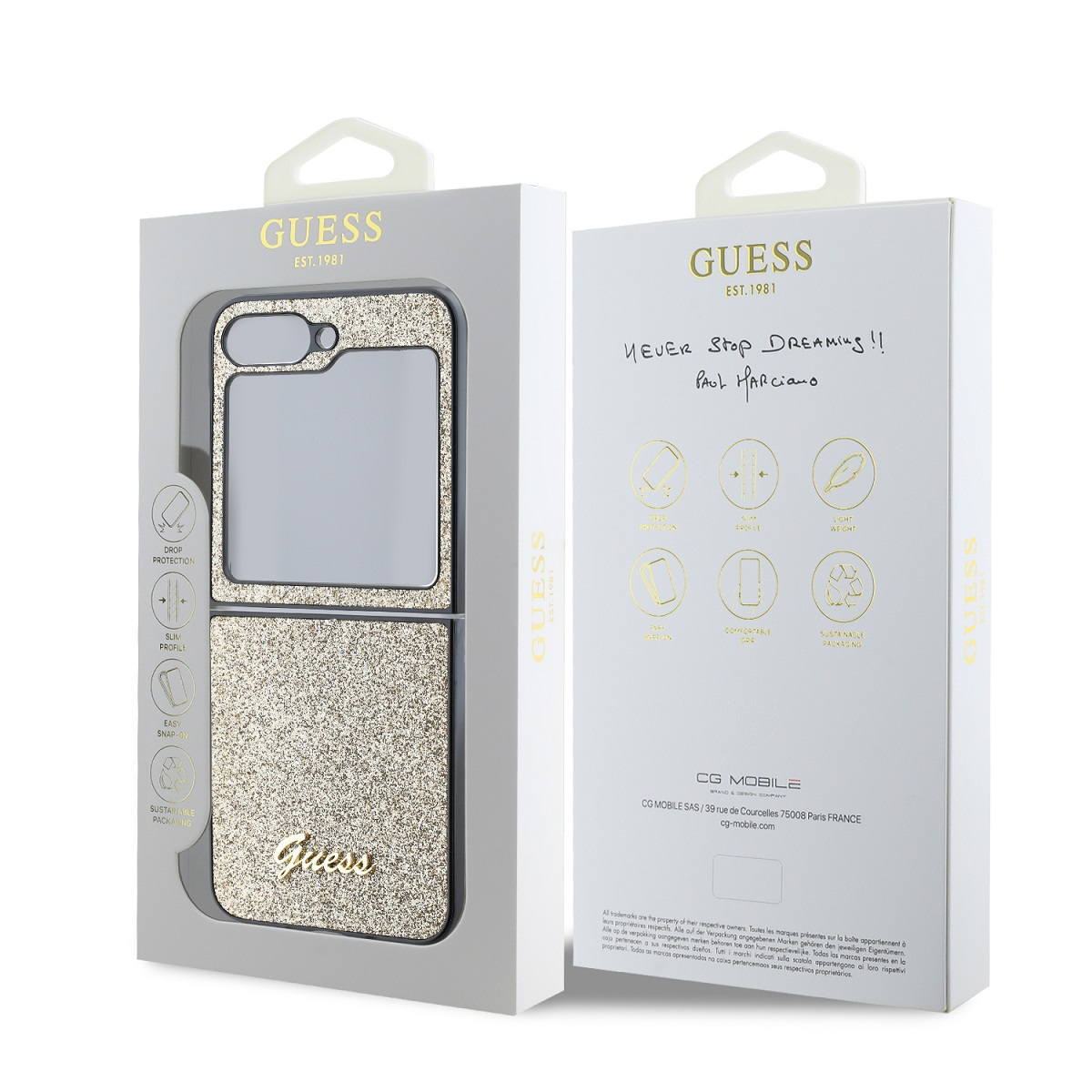 Guess PC/TPU Glitter Flakes Metal Logo Zadní Kryt pro Samsung Galaxy Z Flip 6 Gold