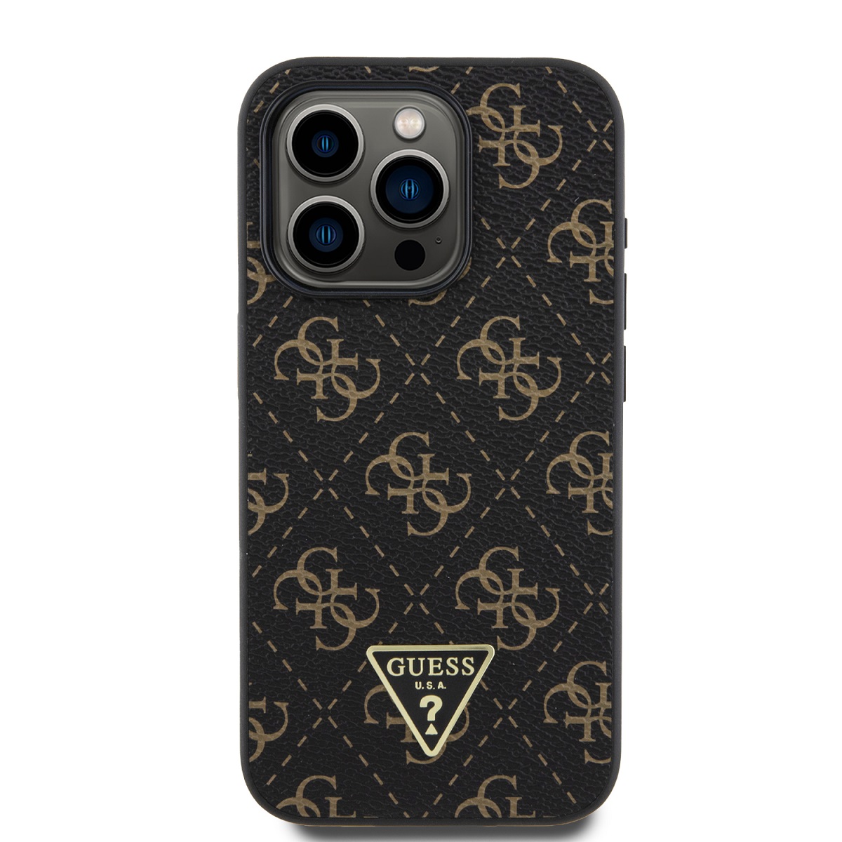 Guess PU Leather 4G Triangle Metal Logo Zadní Kryt pro iPhone 16 Pro Black