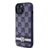 DKNY PU Leather Checkered Pattern and Stripe Zadní Kryt pro iPhone 15 Blue