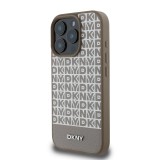 DKNY PU Leather Repeat Pattern Bottom Stripe MagSafe Zadní Kryt pro iPhone 16 Pro Brown